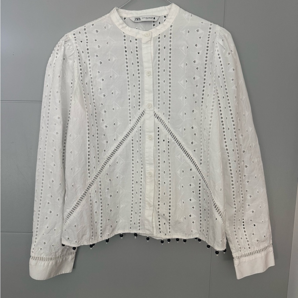 Zara White Eyelet Embroidered Button-Up Blouse with Pom poms. Size S.